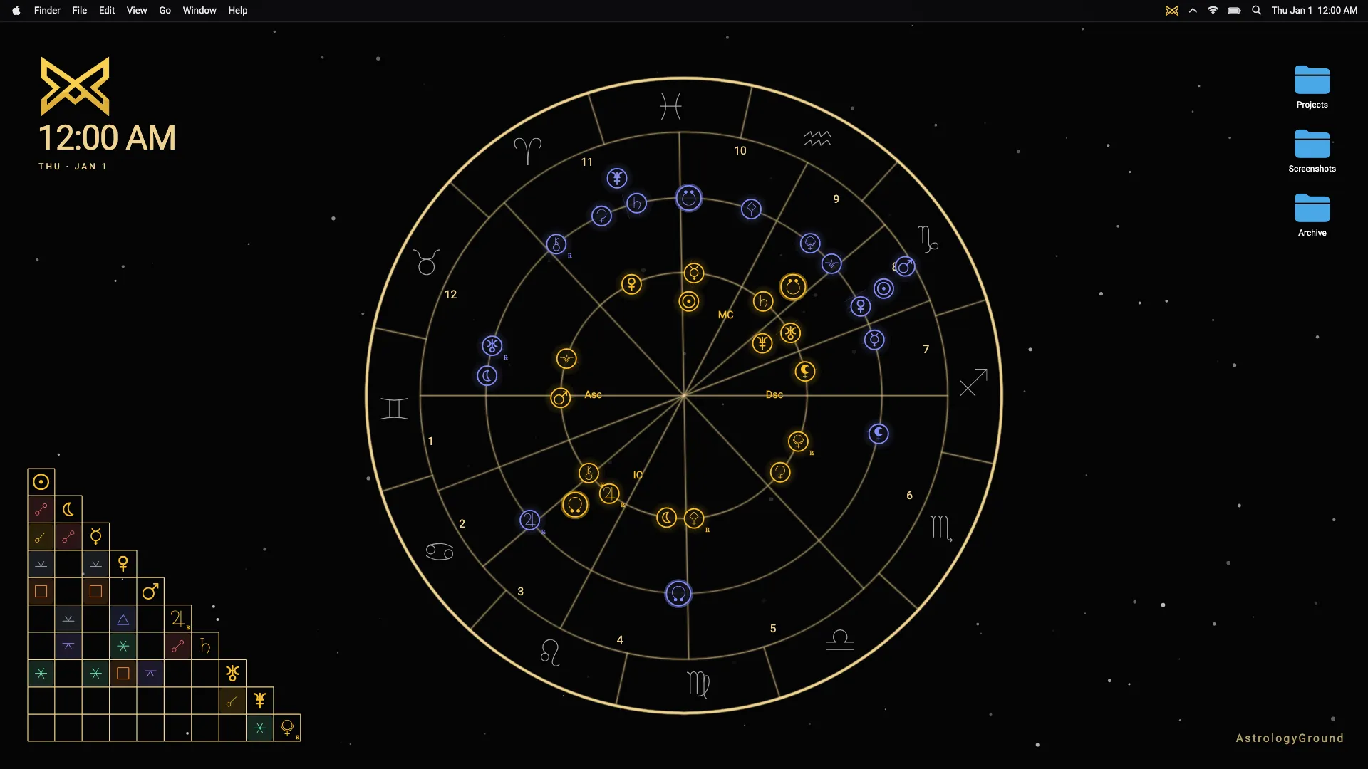 A personalized AstrologyGround natal chart running locally on a desktop