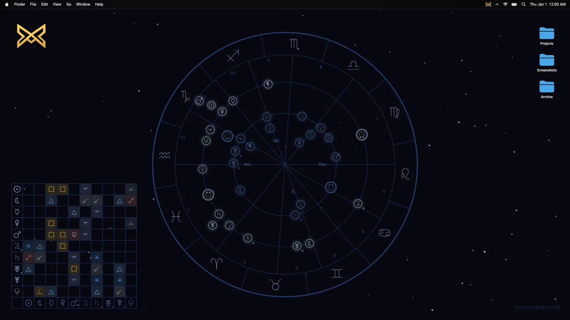 AstrologyGround chart wheel and planetary aspect grid