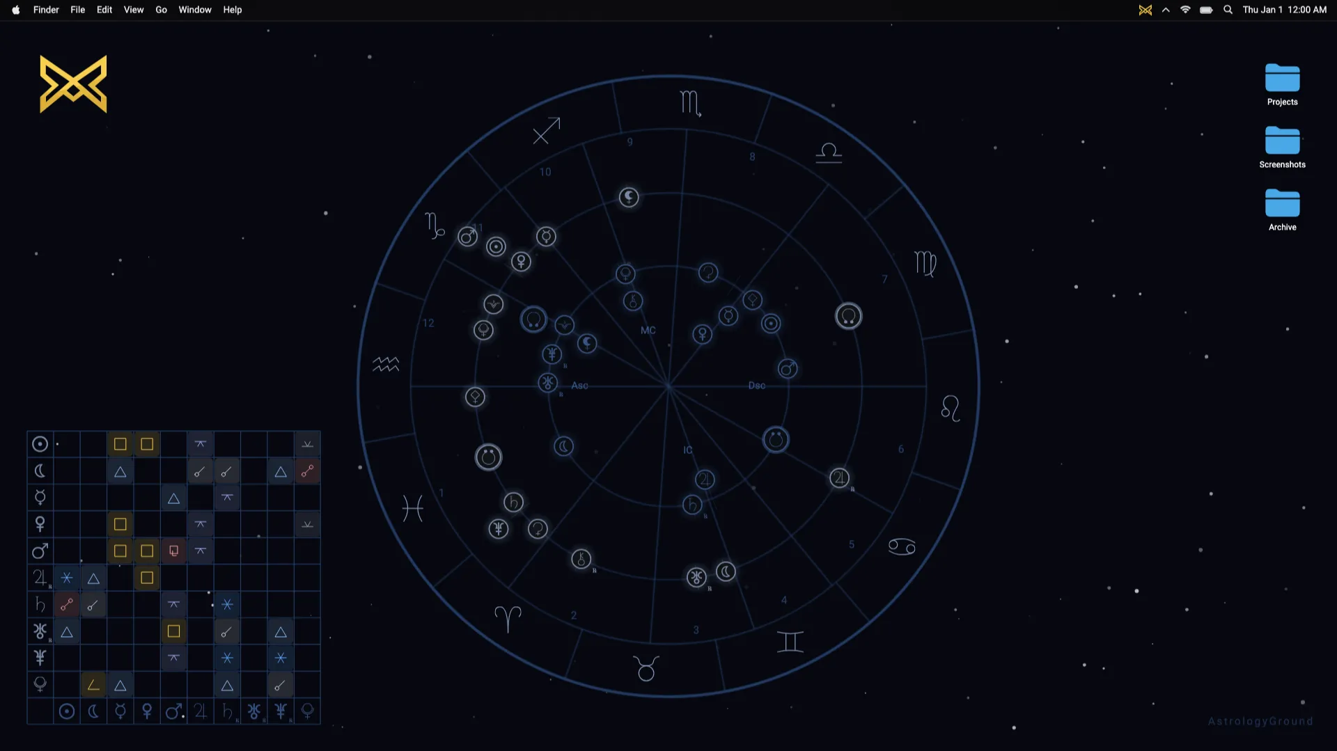 AstrologyGround natal chart wheel with planetary positions, houses, and aspect grid