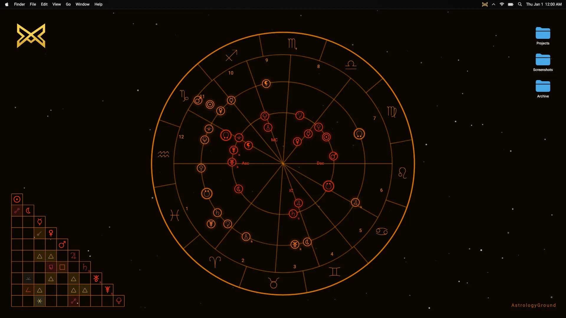 Calculated AstrologyGround natal chart and aspect grid on a desktop wallpaper