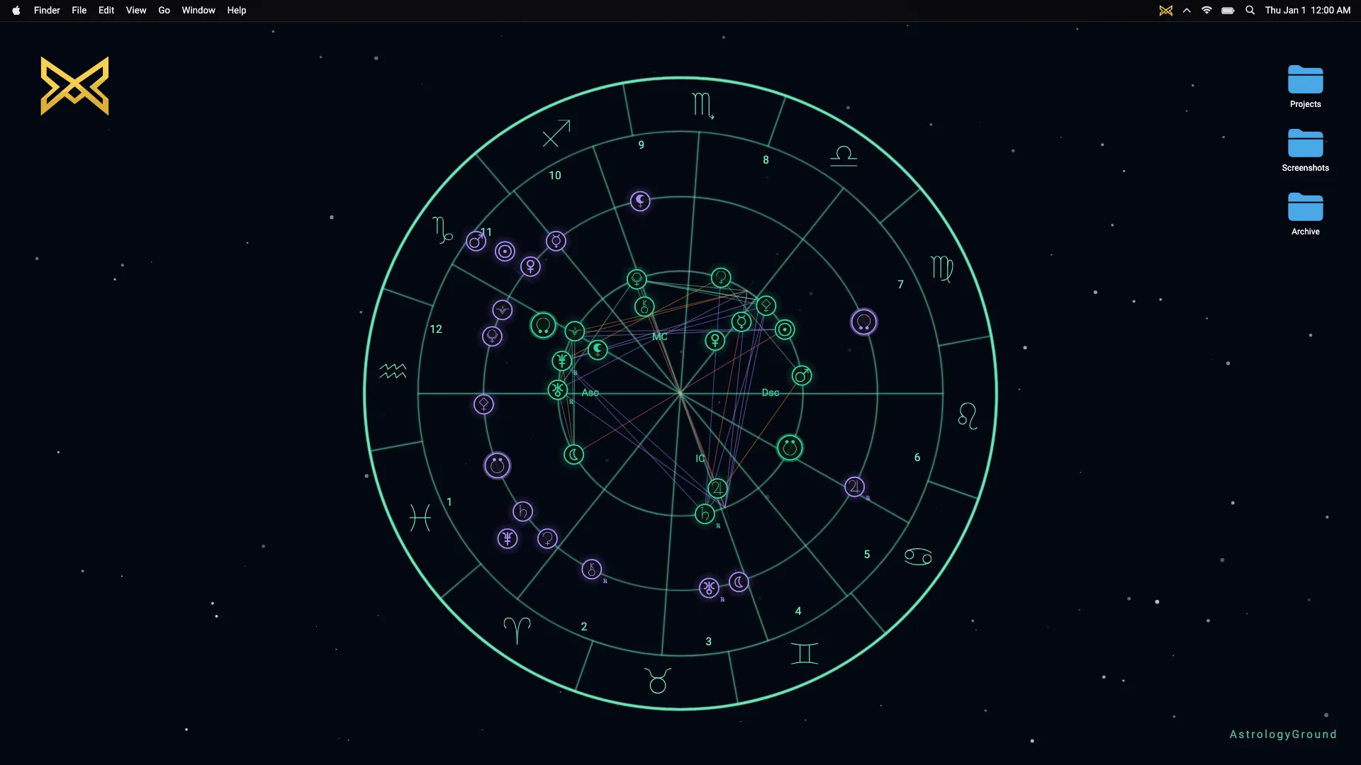 Natal and transit planets connected by aspects in AstrologyGround