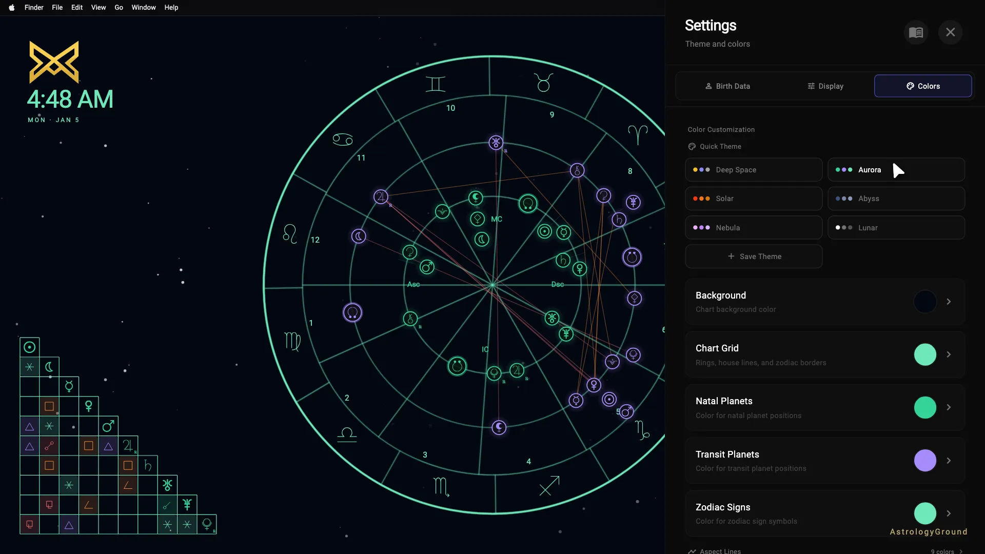 AstrologyGround wallpaper beside theme customization controls